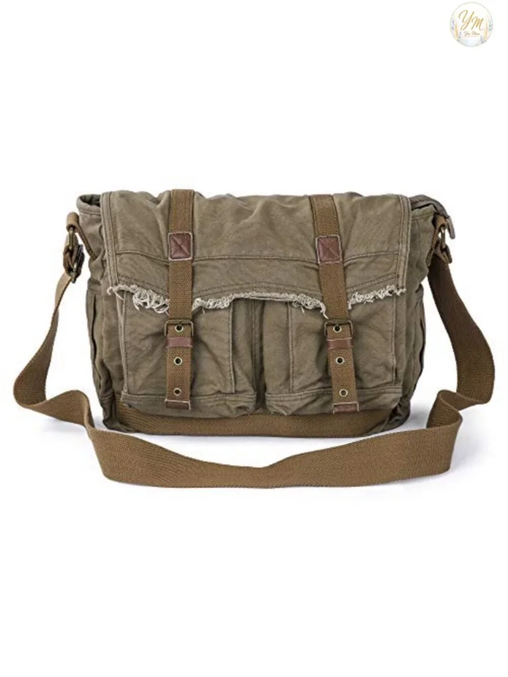 Canvas Messenger Bag Vintage Shoulder Bag Frayed Boho Purse with Leather Trim